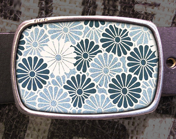 Blue Flower Pattern Vintage Inspired Art Gift Beautiful Flowers Belt Buckle