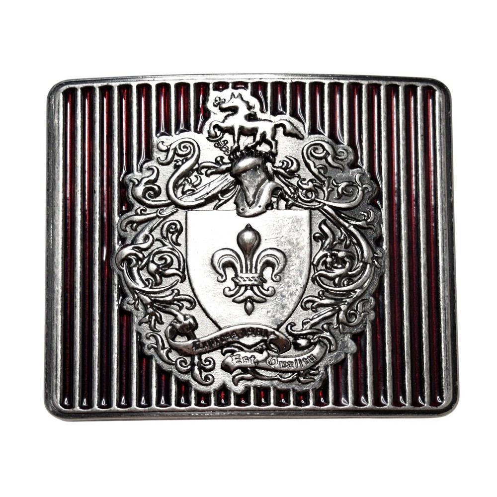 Vintage 1991 Express Buckle 90s Fleur De Lis Red Silvered Medieval Crest Shield