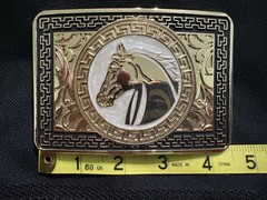 Western Horse Head Greek Key Engraved Belt Buckle Gold/Silver Metal 1.5in