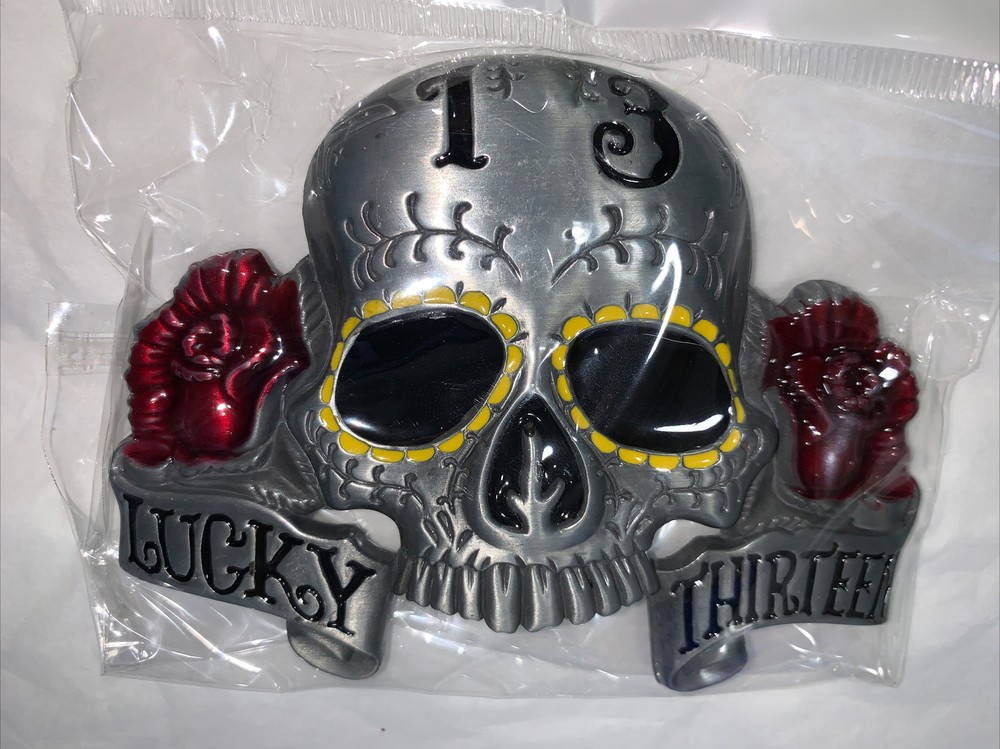 Lucky 13 Lg Skeleton Reproduction Skull Head Lg Eyes Belt Buckle 3 3/8&Prime; X 4 1/2&Prime;