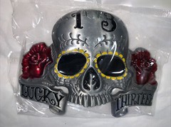 Lucky 13 Lg Skeleton Reproduction Skull Head Lg Eyes Belt Buckle 3 3/8&Prime; X 4 1/2&Prime;