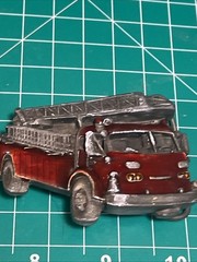 RED FIRE LADDER TRUCK SHAPED CUTOUT BELT BUCKLE BERGAMOT BRASS WORKS USA 1978