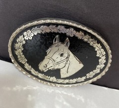 Bridled Horse Head Oval Belt Buckle Black Silver Equestrian Made in USA