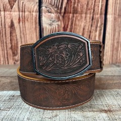 Genuine Cincelado Handtooled Leather Western Belt with Removable Buckle – Honey