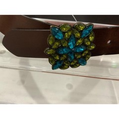 Genuine Italian Bonded Leather Belt Brown Blue Green Crystal Buckle Made in USA