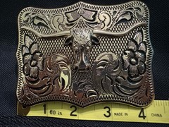 Western Bull Head Floral Engraved Silver Metal Belt Buckle Fits 2in Belt