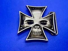 Maltese Iron Cross with Skull Reflective Cutout Gothic Punk Vibe Belt Buckle