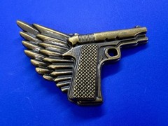 Winged Gun Flying Pistol Handgun Figural Cutout Brass Tone 4&Prime; Wide Belt Buckle
