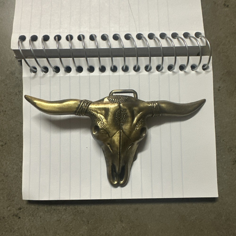 Vtg 1970s Bull Longhorn Skull Western Cowboy Brass Belt Buckle 5&Prime;