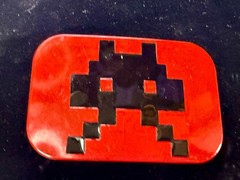 Iconic Pixelated Alien Space Invaders Arcade Game Red Black Enamel Belt Buckle