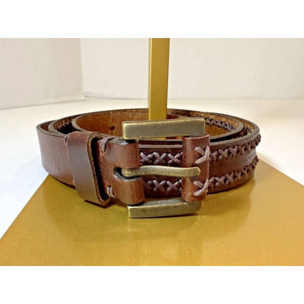 Dockers Brown Leather Belt Unisex Braided Brass Buckle Size L Vintage 1990s