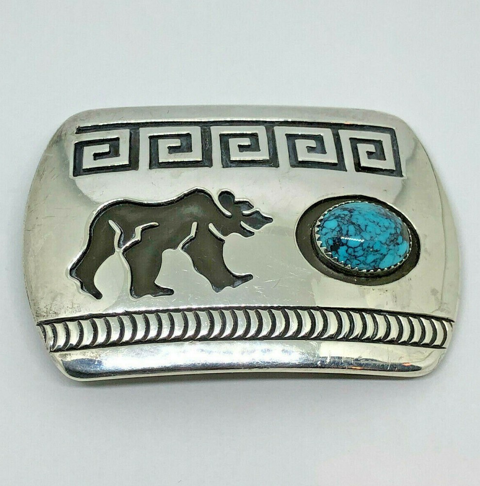 Navajo ~Rosco Scott ~Sterling Silver Overlay Turquoise Bear Belt Buckle – #419