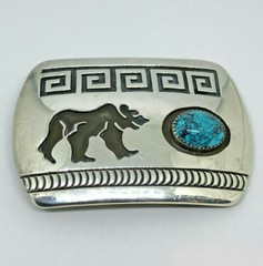 Navajo ~Rosco Scott ~Sterling Silver Overlay Turquoise Bear Belt Buckle – #419