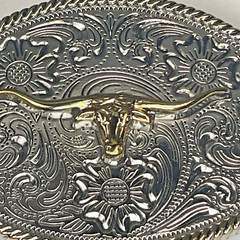 Texas Longhorn Silver & Gold Tone Oval Belt Buckle 2 1/2&Prime; x 3&Prime; Belt 1-1/4&Prime;