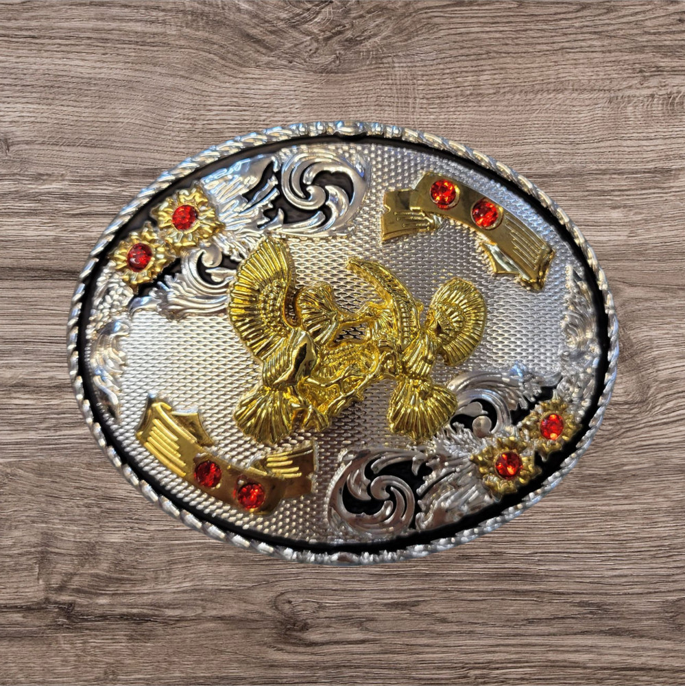 Cowboy Belt Buckle – Fighting Roosters 4 1/8&Prime;x 3 1/8&Prime; Silver Tone/Black/Gold
