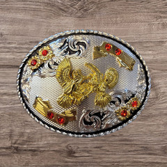 Cowboy Belt Buckle – Fighting Roosters 4 1/8&Prime;x 3 1/8&Prime; Silver Tone/Black/Gold