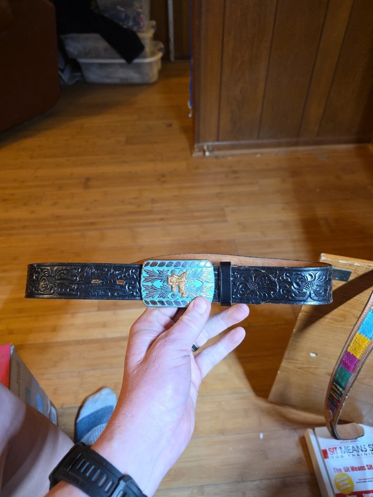 Vintage Just-O-Belt Black Tooled Leather W/ Silver Tone Buckle W Saddle 34&Prime; Long