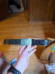 Vintage Just-O-Belt Black Tooled Leather W/ Silver Tone Buckle W Saddle 34&Prime; Long