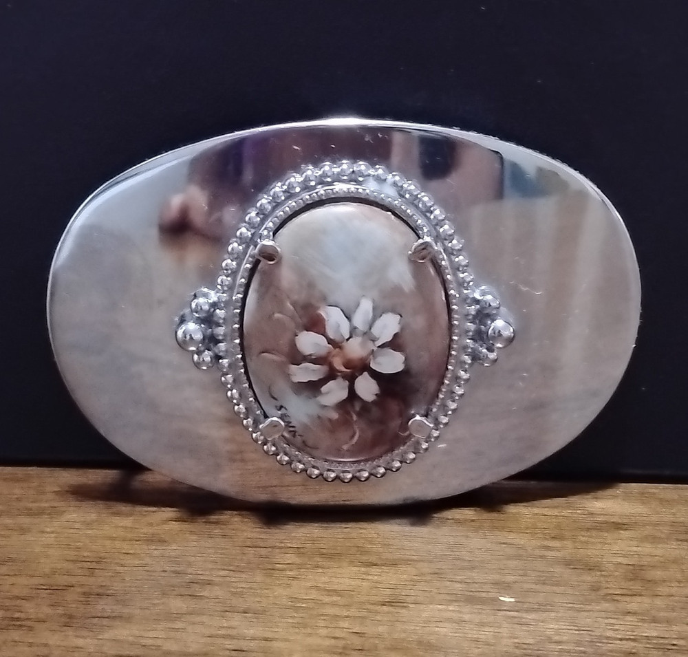Oval Silver Metal Western Belt Buckle Floral Stone Accent Fits 1.5 in Belt