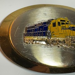 Gold Tone Oval Belt Buckle Die Cast Train Locomotive Yellow Blue