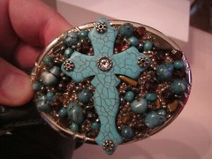 TONYA BOEZI BELT BUCKLE AND BELT – RELIGIOUS CROSS DESIGN CRYSTALS 43&Prime; LONG BELT