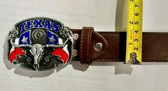 Men&rsquo;s Western LEATHER BELT with Long Horn Texas Cow Bull Skull (47 inch)