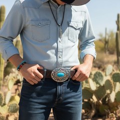 New Men Silver Metal Buckle Native Ethnic Aztec Style Oval Turquoise Blue Color