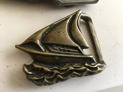 3 Vintage Belt Buckles – Snow Machine, Bull Dozer, Sail Boat – Unused
