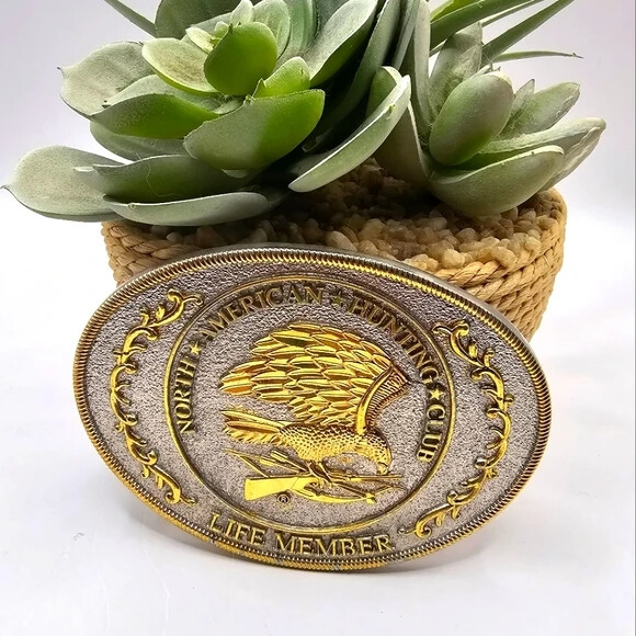 North American Hunting Club Life Member Belt Buckle Silver Gold Tone Statement