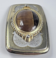 Vintage Western Belt Buckle Gold Silver Tone Tiger&rsquo;s Eye Oval Cowboy Accessory
