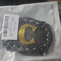 Western Floral Initial C Belt Buckle Silver/Gold Rectangular Metal Fits 1.5&Prime;