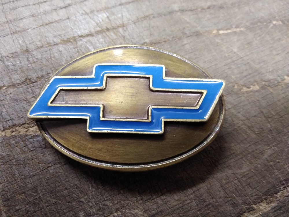Vtg Bergamot Brass Works Blue Bow Tie Chevrolet Belt Buckle #A 800 Made In USA