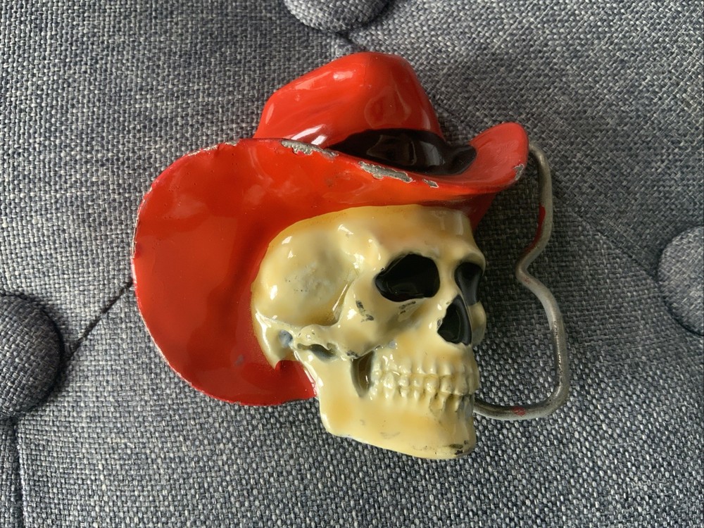 Rare Bergamot Brass Works Skull With Cowboy Hat Belt Buckle 1981 Made In USA