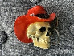 Rare Bergamot Brass Works Skull With Cowboy Hat Belt Buckle 1981 Made In USA