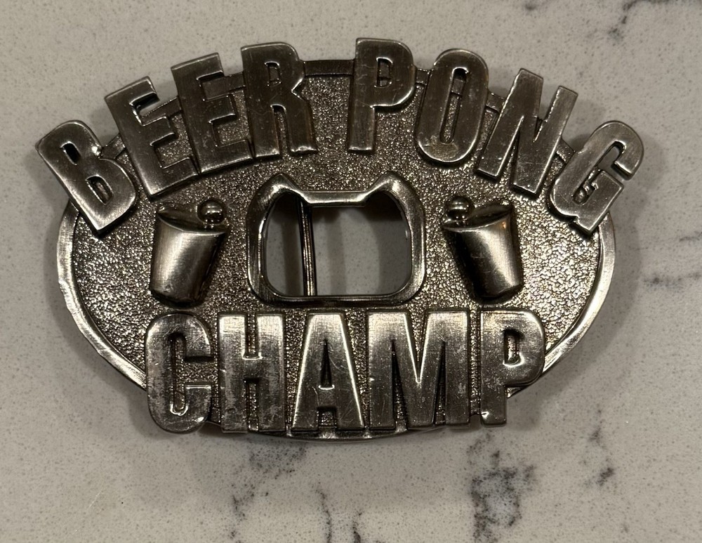 Beer Pong Champ! Vintage Metal Bottle Opener & Belt Buckle by Kalan