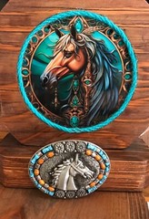 Belt Buckle Brass horse head with turquoise and rust inlaid stone Men women