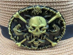 Antiqued Bronze Death Skeleton Crossbone Rose Belt Buckle