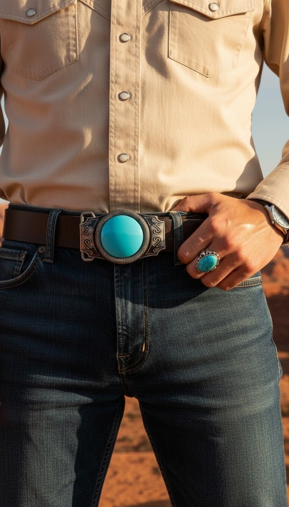 Men Western Fashion Belt Buckle Silver Metal Turquoise Blue Bead Cowboys Casual