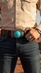 Men Women Western Fashion Belt Buckle Silver Metal Big Turquoise Blue Southern