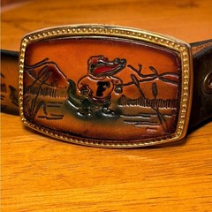 Vtg Brown Leather Belt with UF of Fl Mascot with Western scenes. Buckle Uf Gator