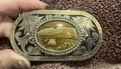 Retro Western Cowboy Belt Buckle Stone Oval Cowgirl, Silver Tone With Leaves