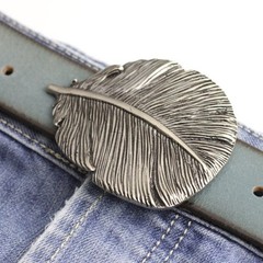 Large Feather Detailed Rustic Silver Vintage Look Oval Belt Buckle