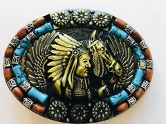 Men -women Belt Buckle Indian Chief horse eagle wings 1.5&Prime; inlaid stone