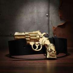 Men Belt Buckle Gold Metal Western Cowboy Pistol Revolver Gun Weapon Skull Head