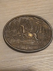 Vintage Running Leaping Deer Buck Silver Tone Oval Belt Buckle