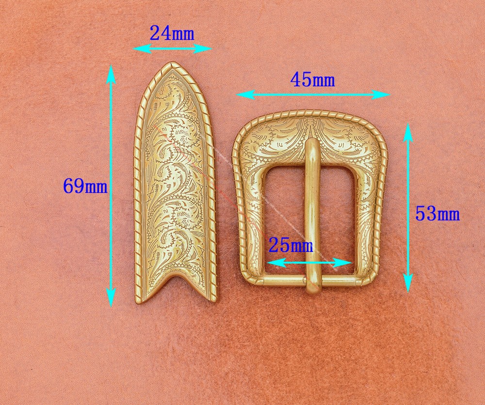 25mm Brass Plated Western Flower Rodeo Leathercraft Belt Buckle Tip 2 Pcs Set
