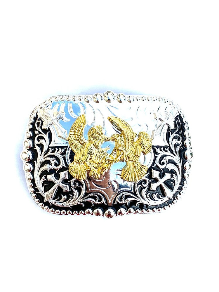 Western Buckle Gold Black Silver Rooster Cowboy 2 »Buckle Hebilla Vaquero Gallo
