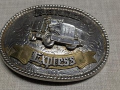vintage USA made TRUCKER belt buckle OVERSIZED engraved WESTERN cowboy BRASS