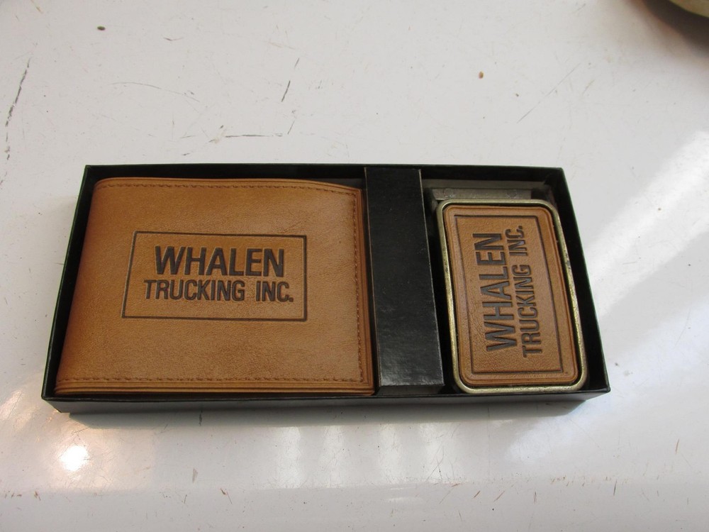 Whalen Trucking INC Leather Wallet & Brass And Leather Belt Buckle In Box