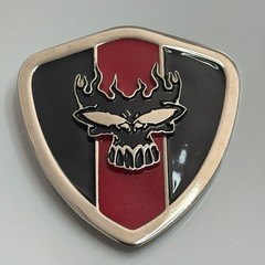 Skull Flames Shield Belt Buckle Silver Tone Red Black Metal